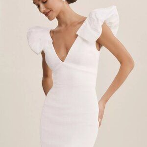 NWT Rebecca Vallance Puff-Sleeve V-Neck Midi Dress in Ivory